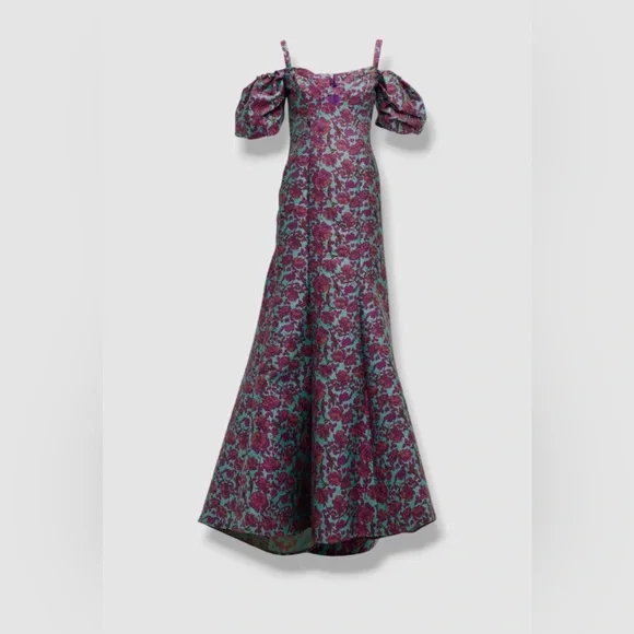 $1492 Zac Posen Women's Purple Floral Jacquard Cold Shoulder Gown - Picture 4 of 8